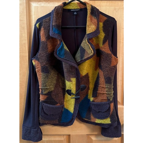 V278, INSIGHT Women’s FELTED Brown Yellow Red WOOL Blend Cardigan Size 12 - Picture 1 of 11